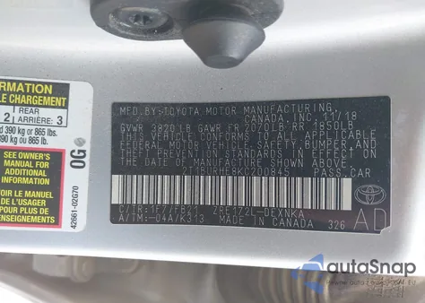 2019 Toyota Corolla Le из США, поврежденный, VIN 2T1BURHE8KC200845